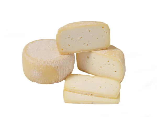 Ruota Formaggio Pezzi Formaggio Sfondo Bianco — Foto Stock