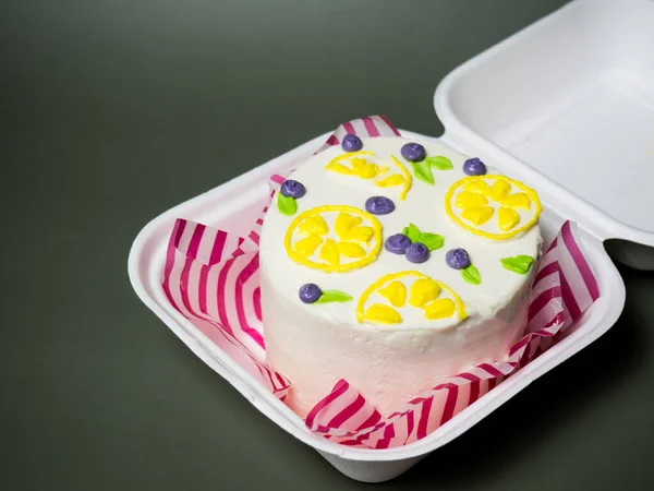 Korean Lunch Box Cake Cream Flowers Berries Place Your Text — Photo