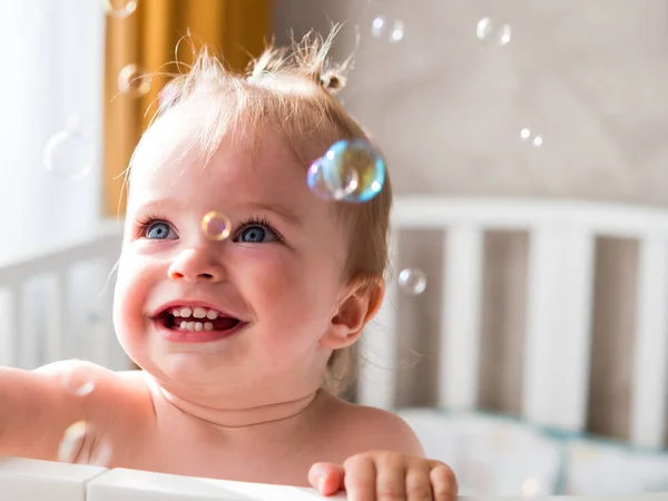 One Year Old Child Cheerfully Plays Soap Bubbles — Stock Fotó