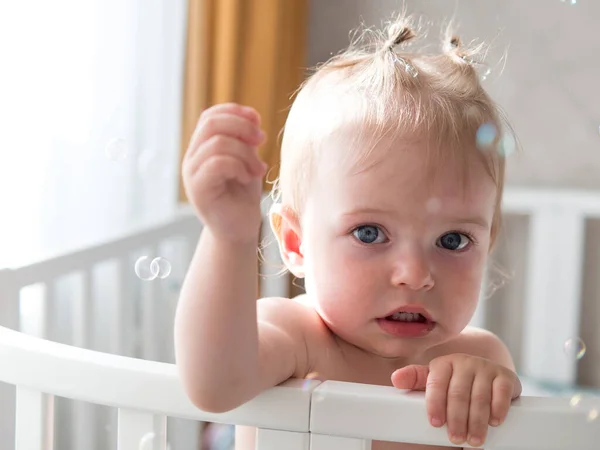 One Year Old Child Cheerfully Plays Soap Bubbles — Stock Fotó