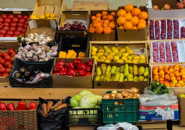 street food shop with vegetables and fruits