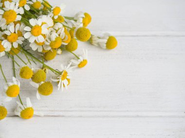 Beyaz ahşap arka planda fotokopi alanı olan bir buket yabani papatya.