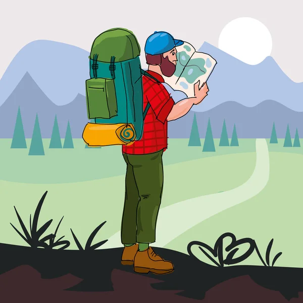 Turista s batohem stojící na cestě, pěší túra cestování. Zobrazení na mapě, pocit svobody, objev, průzkum — Stockový vektor