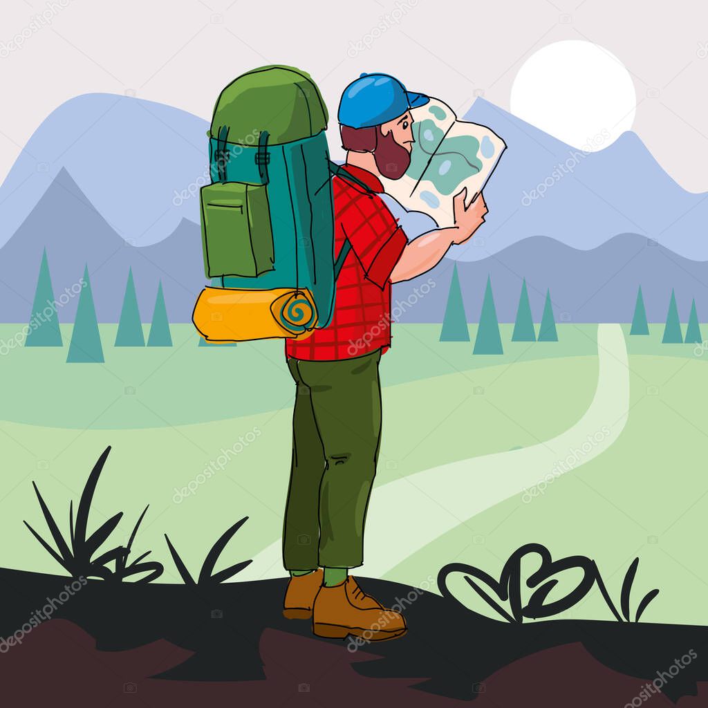 Tourist with backpack standing on pathway, hiker hike travel. Viewing on map, feeling freedom, discovery, exploration