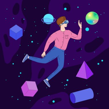 VR 3D gözlüklü adam siber uzayda uçuyor. Sanal gerçeklik evreni, gezegenler, yıldızlar, şekiller. Vecto