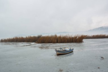 Donmuş gölde kayık ve arka planda sazlıklar.