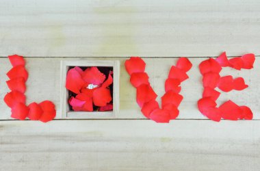 Aşk kelimesi gül yaprakları ve tahta arka planda tek taştan bir yüzük ile yazılmış.