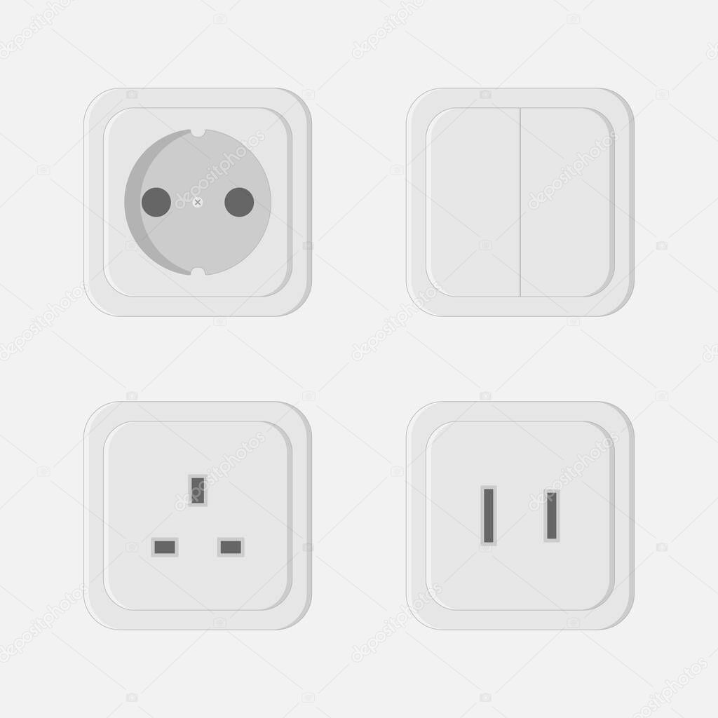 Flat vector illustration of power outlet and light switch