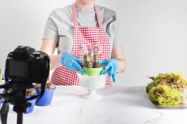 Bloglar, bahar çiçekleri eken bir kadın ve bir blog için adım adım video çeken bir kadın, el ile bir saksının içine bahar çiçekleri eken bir kadın..