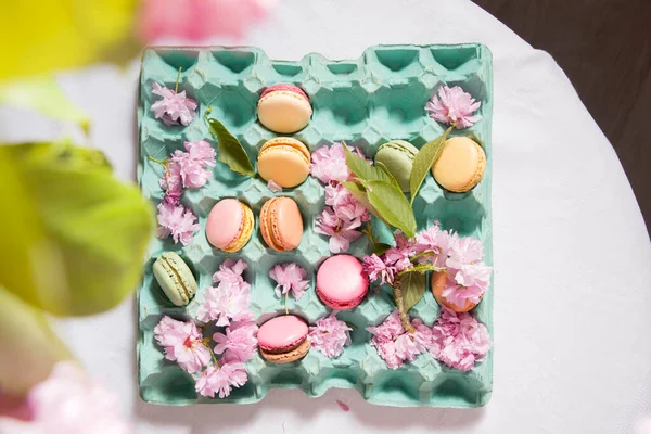 Colored macarons on the table against the background of blooming sakura, easter still life flat lay — Stock Photo, Image