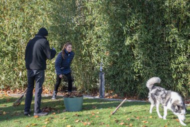 Aile bahçede çalışır, sonbahar sarısı yaprakları temizler, adam onları sepetle toplar, ve karısı bambu çitlerin etrafında koşar, köpeğiyle oynar, ve güneşli bir günde açık havada eğlenir.