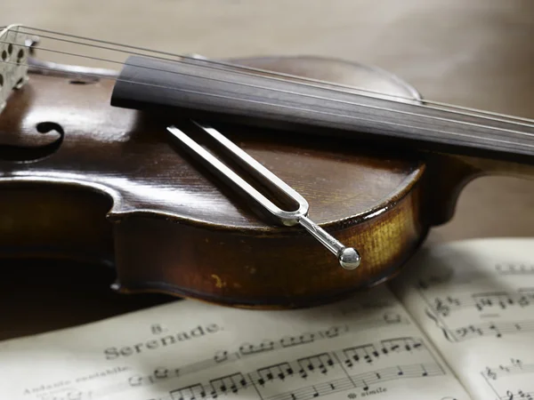 Violino, notas musicais e garfo de afinação — Fotografia de Stock
