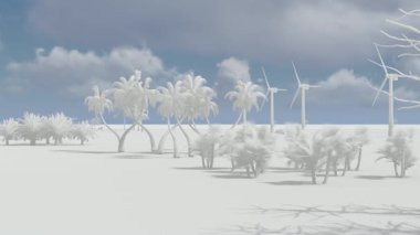 Palmiye ağaçları ve bitkileriyle Rüzgar Türbininin Beyaz Ekran Canlandırması