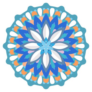 Turuncu yapraklı mavi ve beyaz bir çiçek. Mandala Tasarımı.
