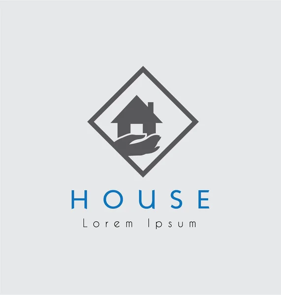 Grijs huis met blauwe tekst — Stockvector