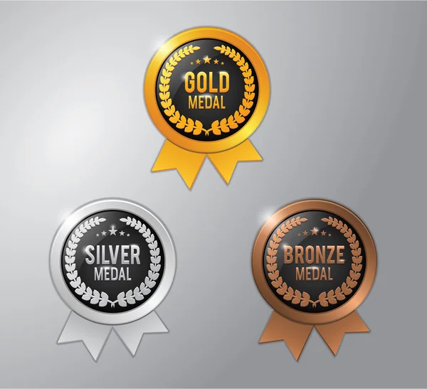 Medalla de oro, plata y bronce ganador de la insignia — Vector de stock