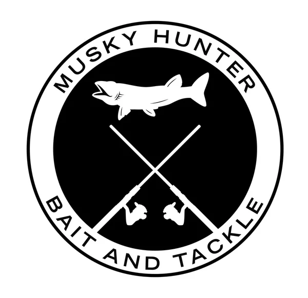 Musky hunter - isca e atacar - Musky pesca crachá rótulo de peixe —  Vetores de Stock