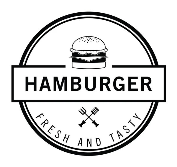 Hamburguesa fresca y sabrosa, papas fritas y insignia de refresco — Vector de stock