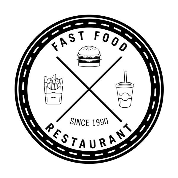 Restauration rapide Burger, frites & badge boisson gazeuse — Image vectorielle
