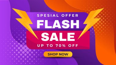 Flaş indirimli pankart. Mor ve turuncu renkli sıvı arka plan. Ticari ürün tanıtım şablonu. Vektör İllüstrasyonu.