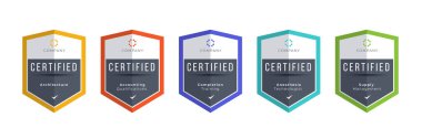Sertifikalı logo rozeti. Kriter seviyesi dijital sertifika ve kalkan logo hattı. Vektör resimleme simgesi güvenli şablon.