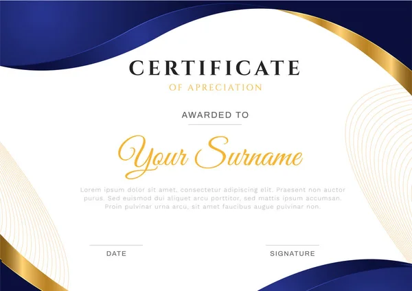 Modern Wavy Certificate Blue Frame Gradient Gold Line Vector Illustration — Image vectorielle