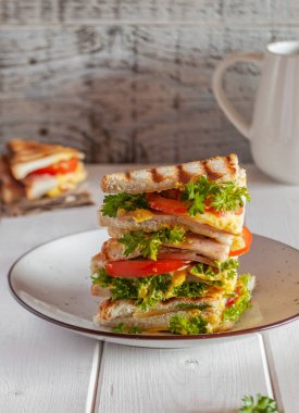 Soslu sandviç, jambon, domates, hafif arka planda otlar.