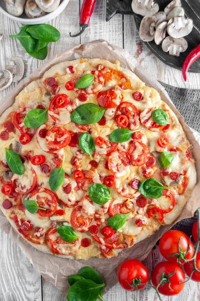 Domatesli, mantarlı, mozzarellalı, parmesanlı ve açık gri arka planda fesleğenli biberli pizza. Üst görünüm