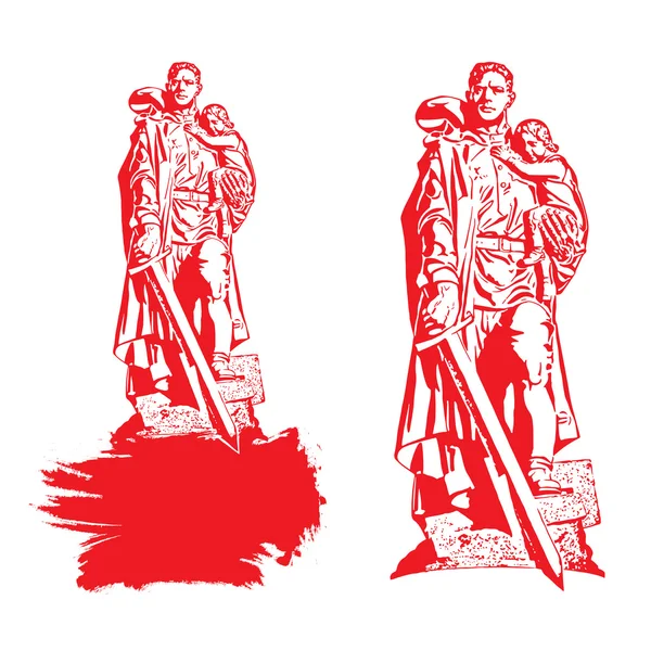 Warrior vector liberator monument. Red vector silhouette. May 9. — Stock Vector