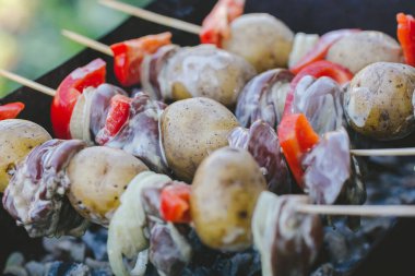 Tavuk ciğeri ve sebzeli patates. Barbekü.