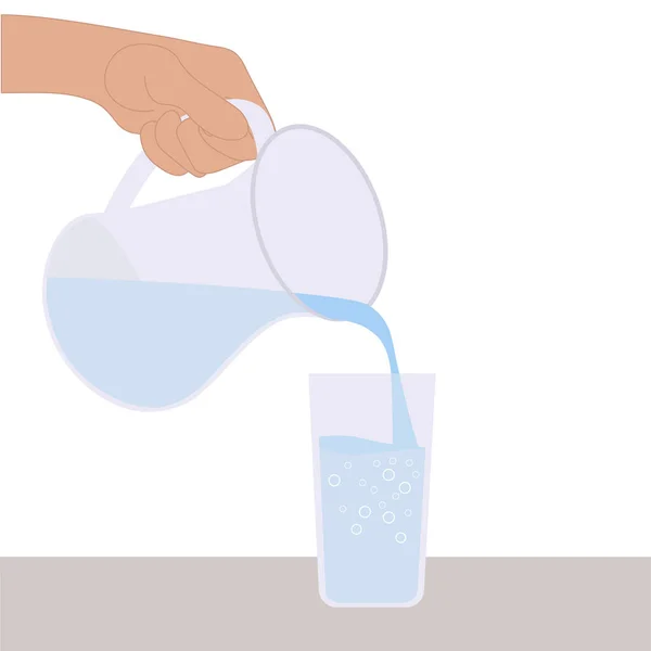 The water from the jug is poured into the glass. Glass jug. Glass tumbler. Conserve water. Pure water.