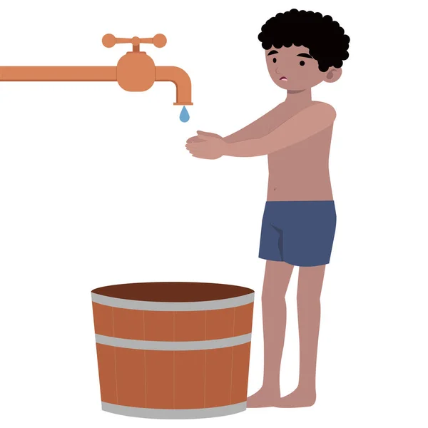 Young African School Boy Holding Hands Tap Water Scarcity Problems —  Vetores de Stock