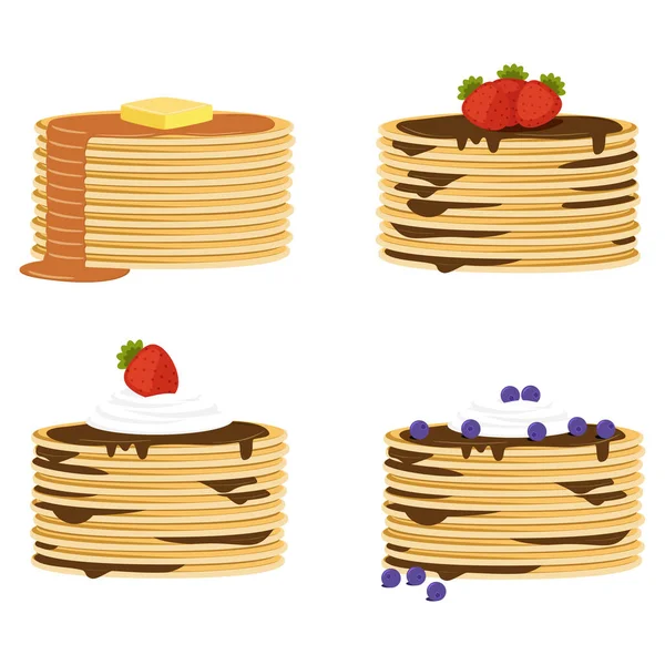 Delicious pancakes with berries, honey or maple syrup. Homemade pancakes and sweet syrup without plate, isolated.