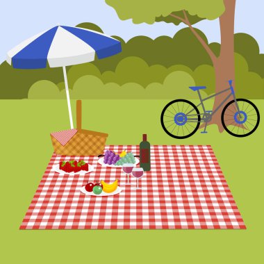 Ormandaki bir açıklıkta piknik için bir yer. Parlak masa örtüsü, şemsiye ve bisiklet. Piknik için sağlıklı yemekler.
