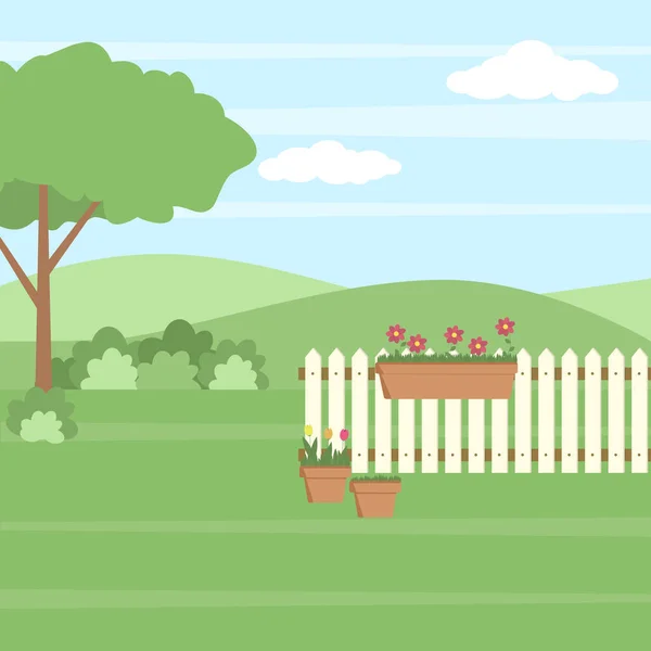 Bahçe aletleri, vektör illüstrasyonu ve beyaz çitli bahar manzarası