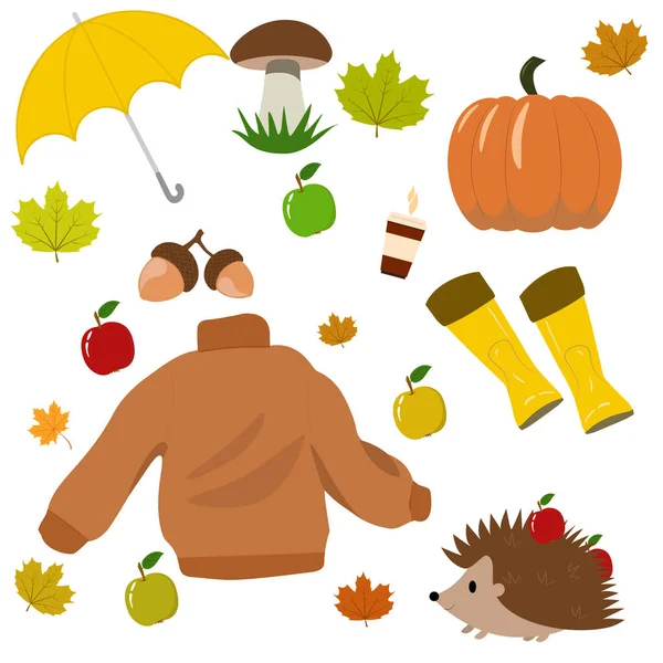 Sonbahar ikonlarının vektör seti: kazak, düşen yapraklar, kahve, mumlar ve şirin bir kirpi. Sonbahar mevsimi elementlerinin toplanması.