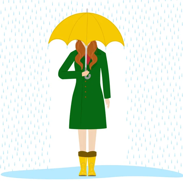 Girl Green Coat Yellow Umbrella Yellow Rubber Boots Stands Puddle — Stock Vector