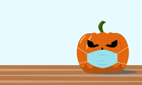 Düz bir yüzeyde maskeli Balkabağı Jack. Cadılar Bayramı maskeli kabağı covid-19 'a karşı