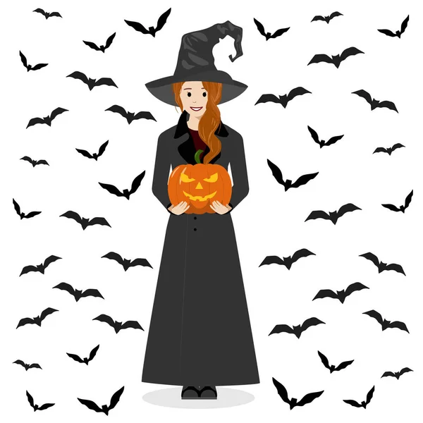 Siyah ceketli bir cadı balkabağı tutuyor. Cadılar Bayramı kostümlü kız elinde balkabağı tutuyor.