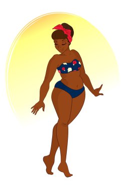 Çizgi film karakteri. Bikini giyen tatlı Afrikalı kız. Eski tarz. Şişkin kadın.