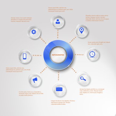 Şablon Infographic. 8 seçeneği. mavi renk. cam surfice