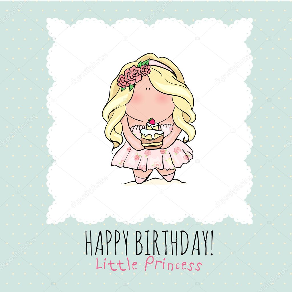Happy Birthday Poster In Cute Doodle Style Little Girl Holding Cake Blue And Pink Color Princess With Cupcake Romantic Invitation Card For