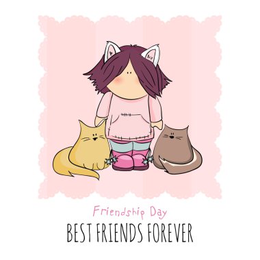 kedi ile şirin kız doodle illüstrasyon. dostluk günü