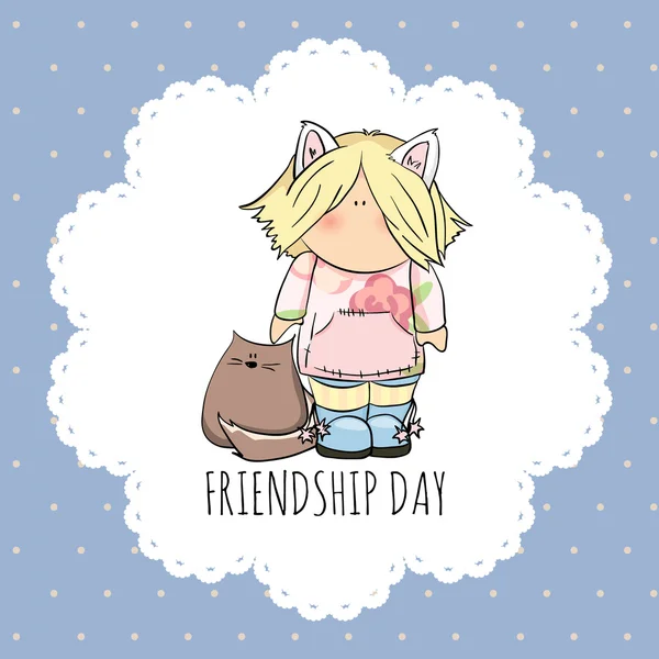 Menina bonito com ilustração doodle gato. dia da amizade —  Vetores de Stock