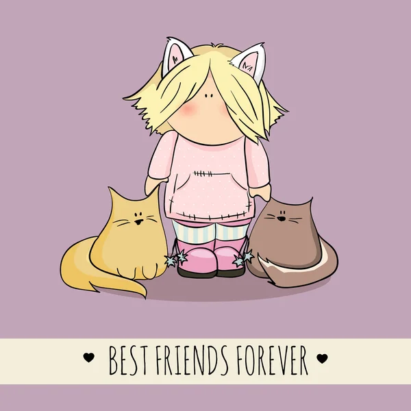 Menina bonito com gatos doodle ilustração. dia da amizade —  Vetores de Stock