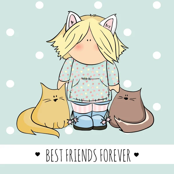 Kedi ile şirin kız doodle illüstrasyon. dostluk günü — Stok Vektör