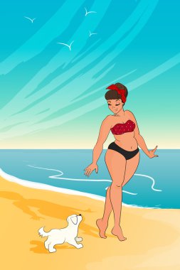 çizgi film karakteri. Kız giyen bikini. kadın ile köpek Sahilde yürüyüş. vektör çizim