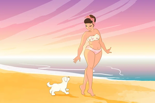 Personaje de dibujos animados. chica con bikini. mujer paseando con el perro en la playa. ilustración vectorial — Vector de stock