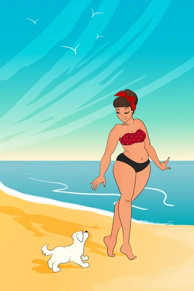 Personaje de dibujos animados. chica con bikini. mujer paseando con el perro en la playa. ilustración vectorial — Vector de stock