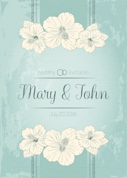 Elegantes Hochzeitseinladungsdesign, Grußkarte, Banner. Rahmen mit Hibiskusblüten. Vektorillustration. — Stockvektor